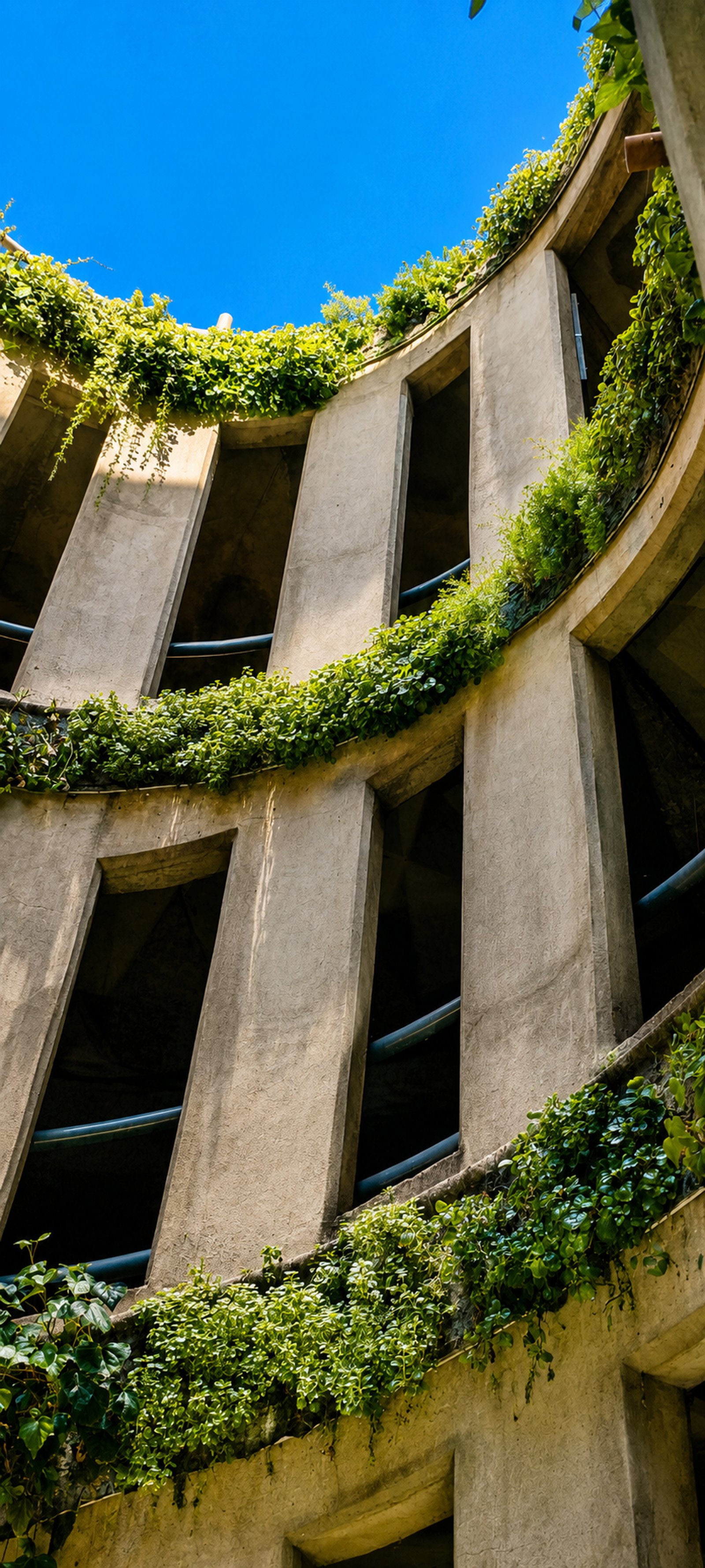 estrutura brutalista com vegetação exuberante — projeto Parking Oulton :: Córdoba :: Jardín Vertical :: Diseño y construcción STIPA Arte, por STIPA Arte Natural, em Av. Vélez Sarsf